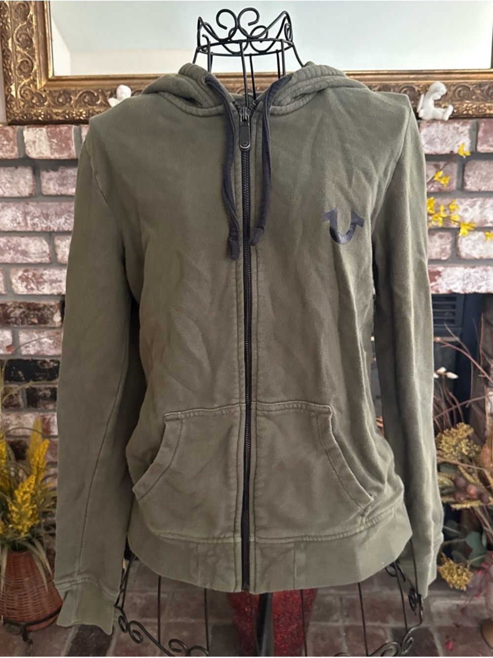 True Religion Sweatshirt Women’s Small Green Laughing Budha Logo Hoodie Zip Up